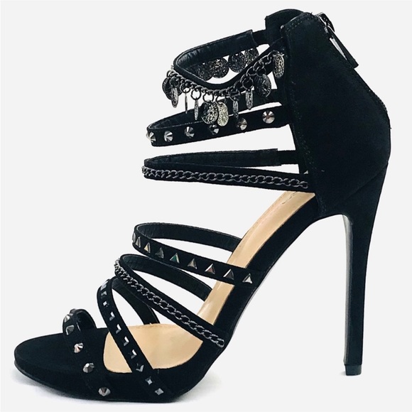 Black Strappy Heels with Silver Tone Chain Detail! - Picture 3 of 7